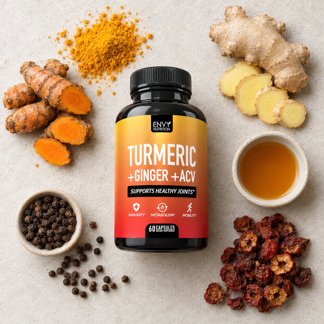 Turmeric, ginger, black pepper and hawthorn around the bottle